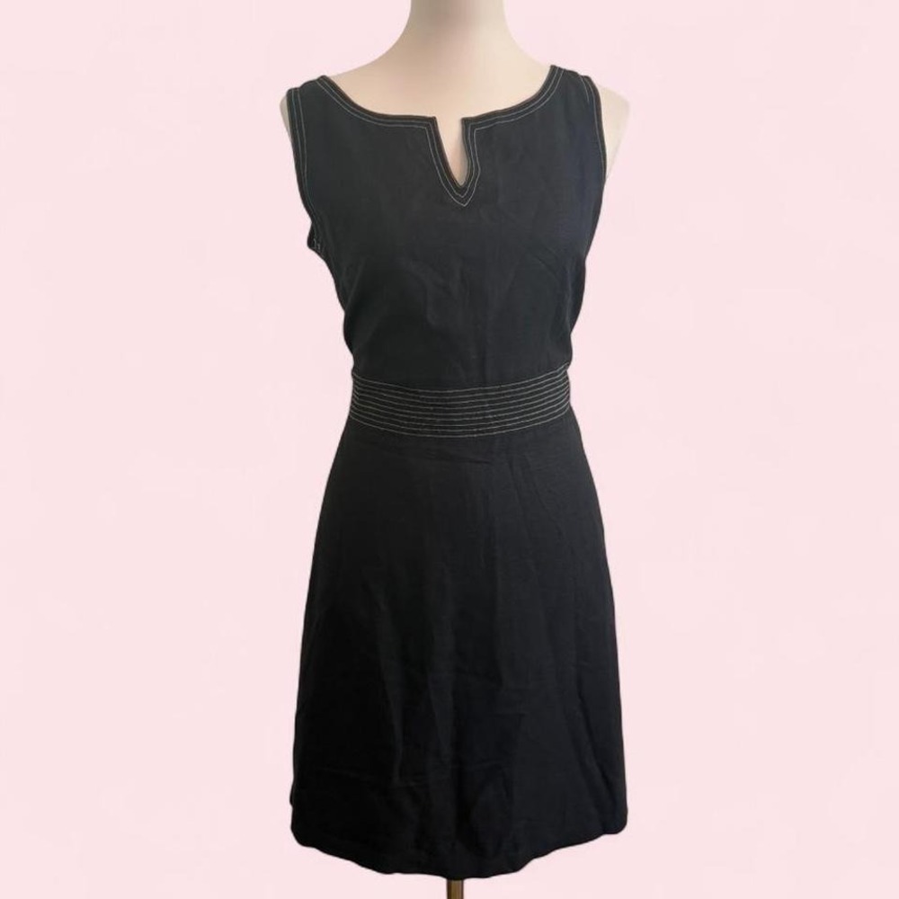 BMOSS Black Linen Blend Dress‎ w/ White Stitching & Belt Detail — Size 8